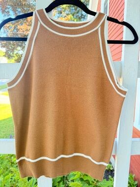Active USA Tan Knit Tank with White Contrast Trim